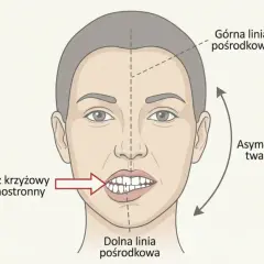 Ilustracja twarzy z zaznaczonym zgryzem krzyżowym jednostronnym i asymetrią twarzy.