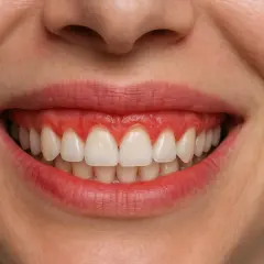 Uśmiech z widocznymi, czerwonymi dziąsłami, które nadają mu charakterystyczny "gummy smile".