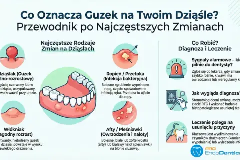 Nadziąślak to guzek zapalno-rozrostowy na dziąśle, często czerwony, który może krwawić.