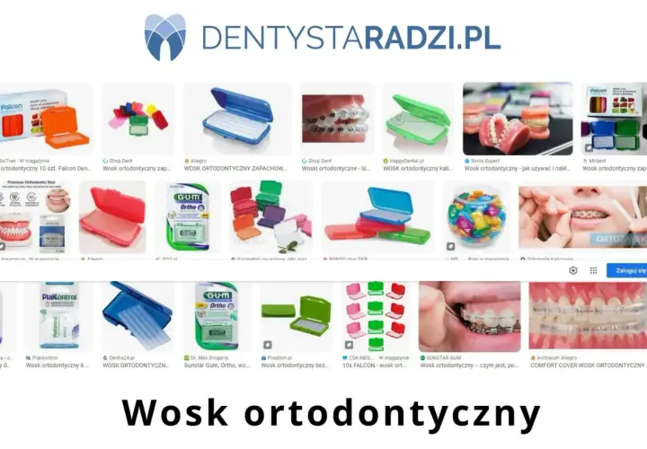 Różne rodzaje wosku na aparat ortodontyczny, w tym opakowania i przykłady użycia.