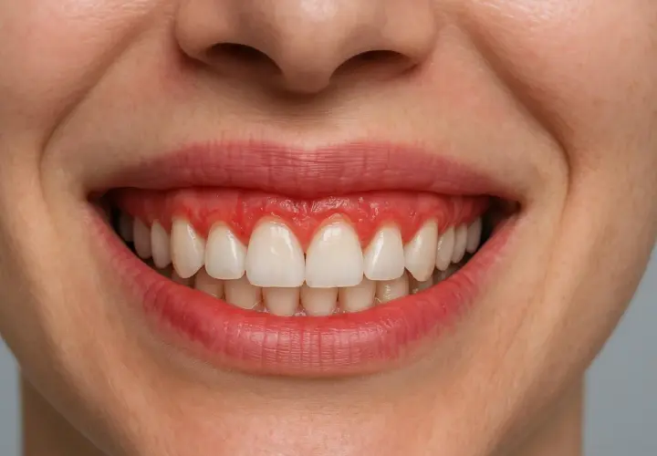 Uśmiech z widocznymi, czerwonymi dziąsłami, które nadają mu charakterystyczny "gummy smile".