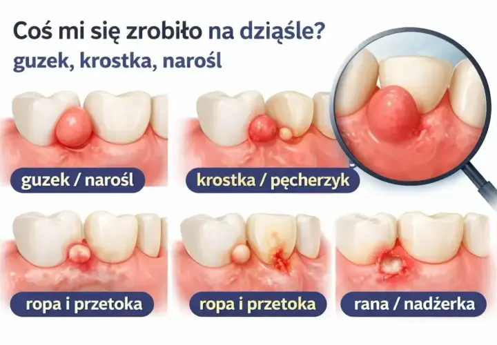 Ilustracja pokazuje różne zmiany na dziąsłach: guzek, krostkę, ropę i przetokę, a także ranę. To wszystko może świadczyć o tym, że masz chore zęby.