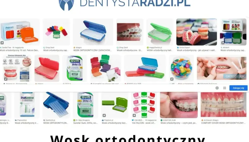 Różne rodzaje wosku na aparat ortodontyczny, w tym opakowania i przykłady użycia.