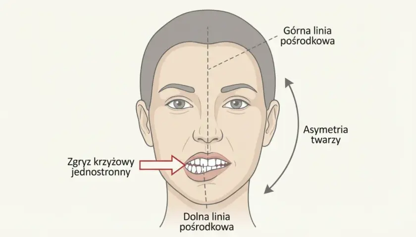 Ilustracja twarzy z zaznaczonym zgryzem krzyżowym jednostronnym i asymetrią twarzy.