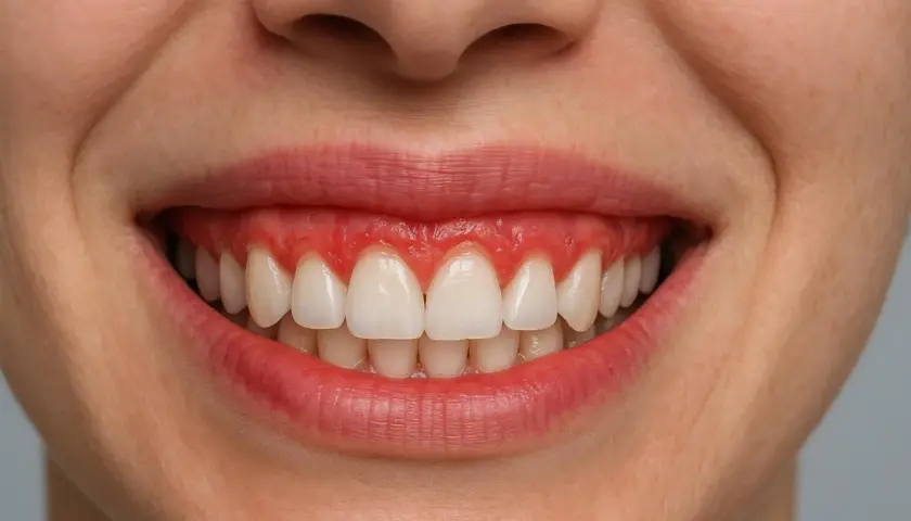 Uśmiech z widocznymi, czerwonymi dziąsłami, które nadają mu charakterystyczny "gummy smile".