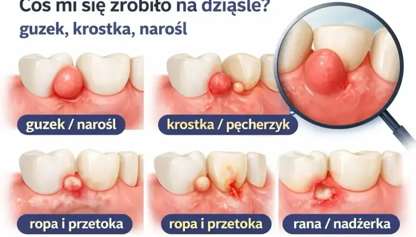 Ilustracja pokazuje różne zmiany na dziąsłach: guzek, krostkę, ropę i przetokę, a także ranę. To wszystko może świadczyć o tym, że masz chore zęby.