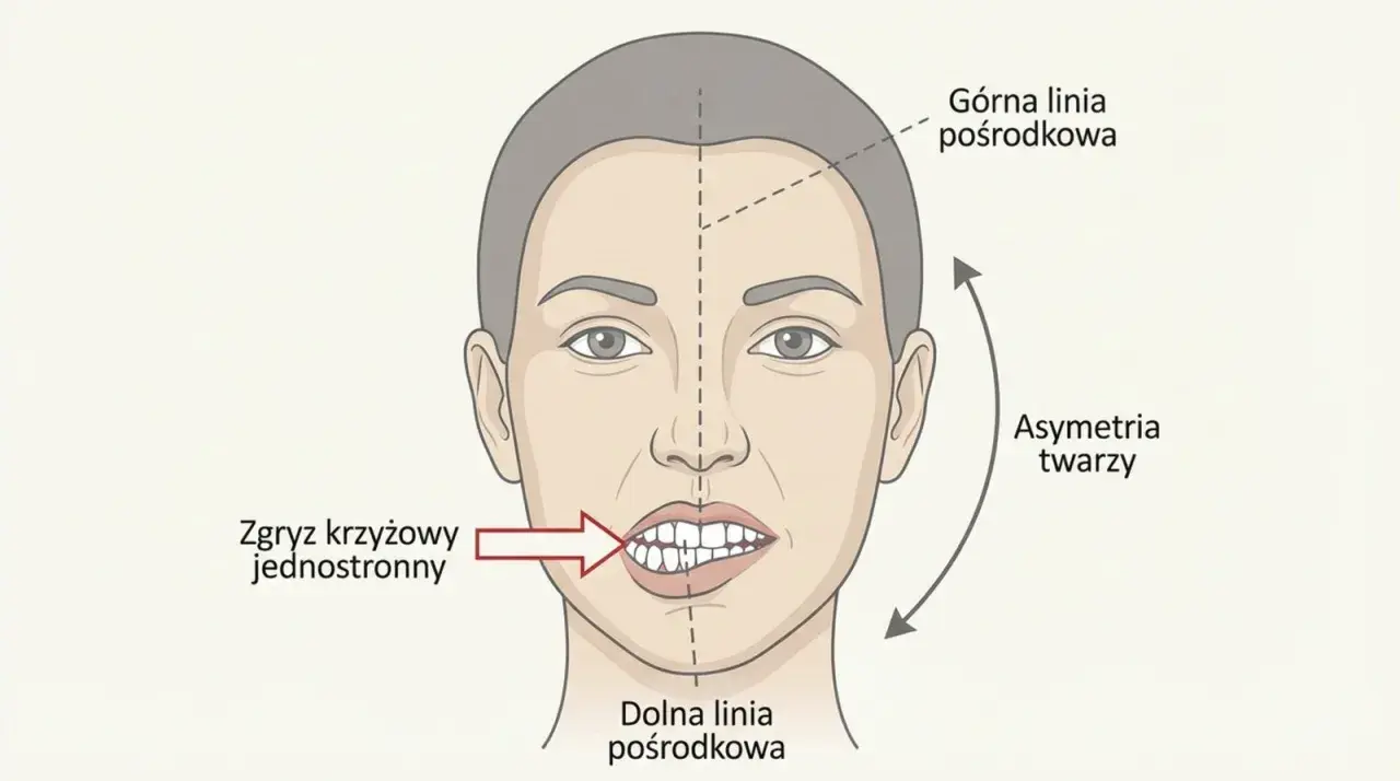 Ilustracja twarzy z zaznaczonym zgryzem krzyżowym jednostronnym i asymetrią twarzy.