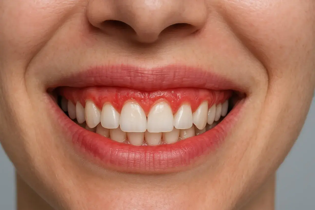 Uśmiech z widocznymi, czerwonymi dziąsłami, które nadają mu charakterystyczny "gummy smile".