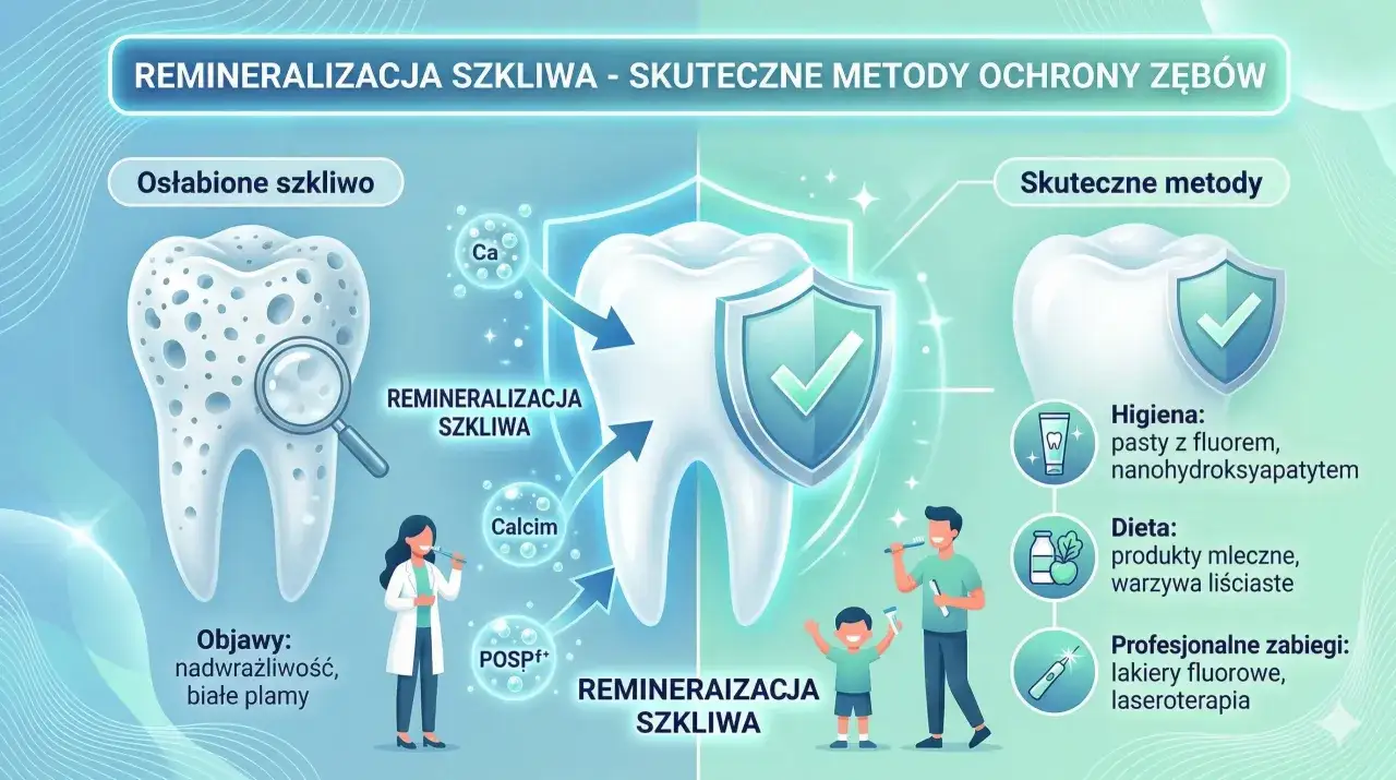 Ilustracja pokazuje proces remineralizacji szkliwa. Osłabione szkliwo z widocznymi ubytkami jest leczone za pomocą wapnia i fosforanów. Skuteczne metody obejmują higienę, dietę i zabiegi stomatologiczne.