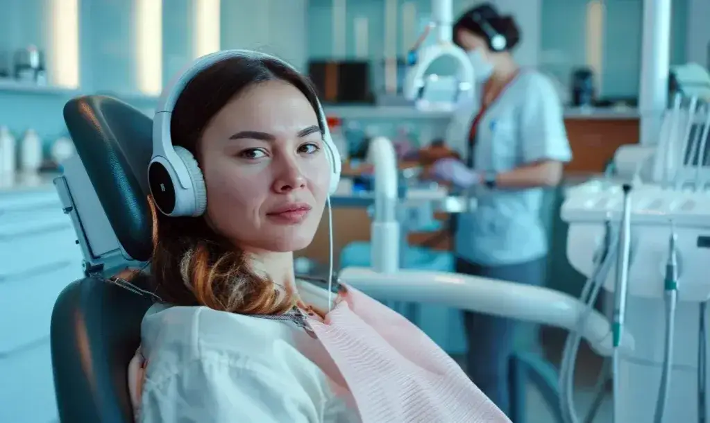 Osoba relaksująca się w fotelu dentystycznym z słuchawkami