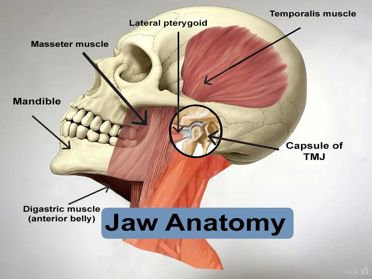 Anatomia szczęki i żuchwy: mięśnie skroniowy, żwacz, skrzydłowy boczny, dwubrzuścowy oraz torebka stawu skroniowo-żuchwowego.