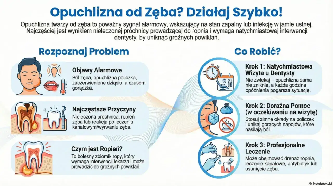 Opuchlizna od zęba to sygnał alarmowy. Gdy czujesz ćmiący ból zęba, opuchliznę policzka i gorączkę, to znak, że potrzebujesz natychmiastowej wizyty u dentysty.