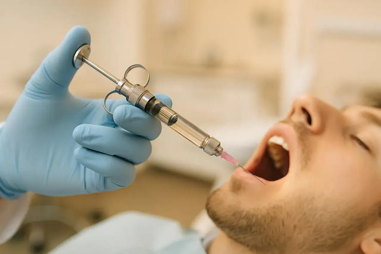 Dentysta wykonuje znieczulenie nasiękowe, podając środek znieczulający do jamy ustnej pacjenta.