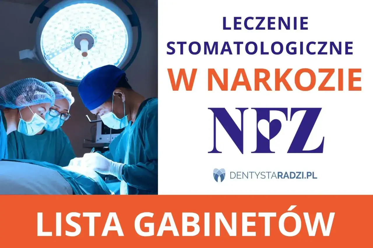 Chirurdzy w maseczkach i czepkach pracują pod silnym światłem lampy operacyjnej. Leczenie stomatologiczne w narkoza. Lista gabinetów.