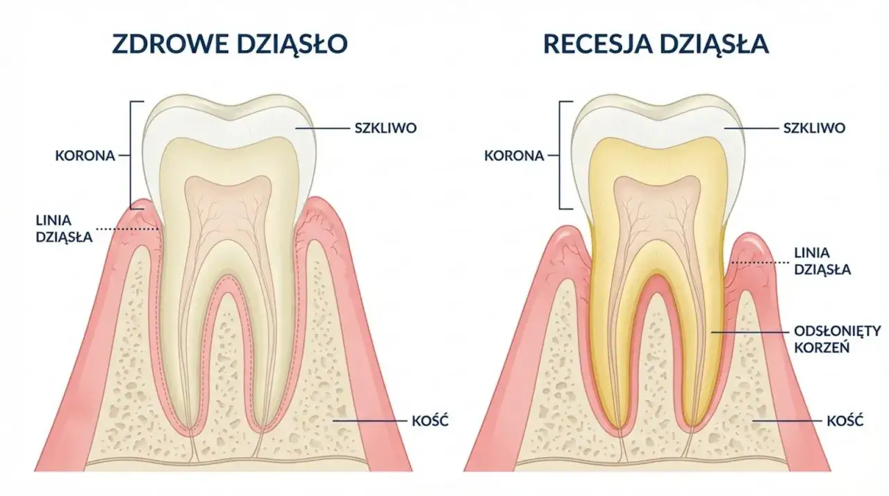 Porównanie zdrowego dziąsła z recesją dziąsła, gdzie odsłonięty jest korzeń zęba.